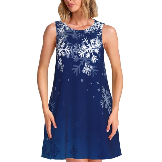 Fotbe Christmas Blue Vestido de Verano sin Mangas para Mujer – Vestido Midi Línea A, Estilo Camiseta Floral, Vestido Playero Casual y Fluido