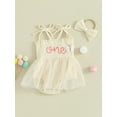 thumbnail image 3 of FEORJGP Infant Baby Girl Birthday Outfit Newborn Sleeveless Jumpsuit Dress Letters Tie-up Romper Dress Tulle Princess Dress with Bow Hairband Little Girls Summer Cute Clothes for Daily Party, 3 of 9