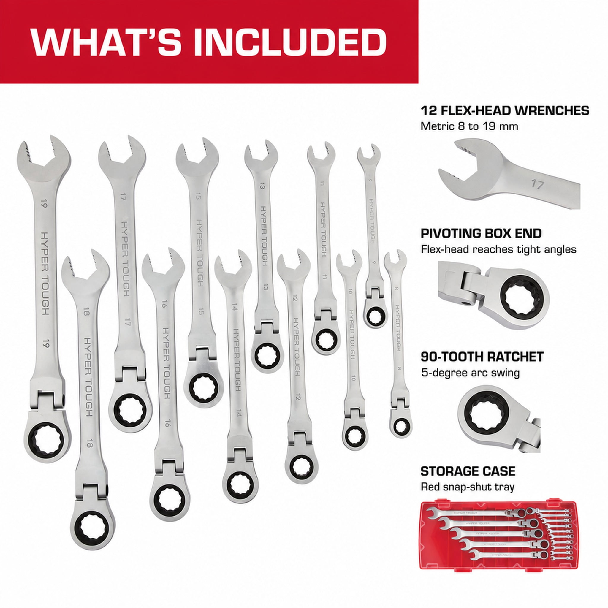 Hyper Tough Flex-Head Ratcheting Wrench Set, Metric, 12 Pieces