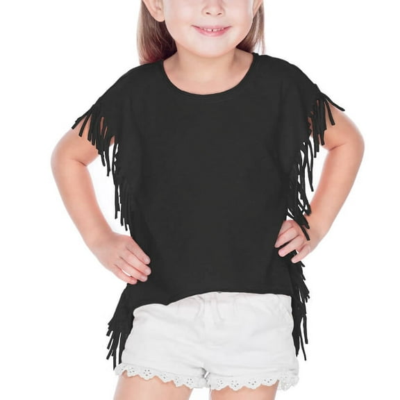 Kavio! Girls 3-6X Sheer Jersey Raw Edge Side Fringe Asymmetrical Cap Sleeve CropTop Black 5/6