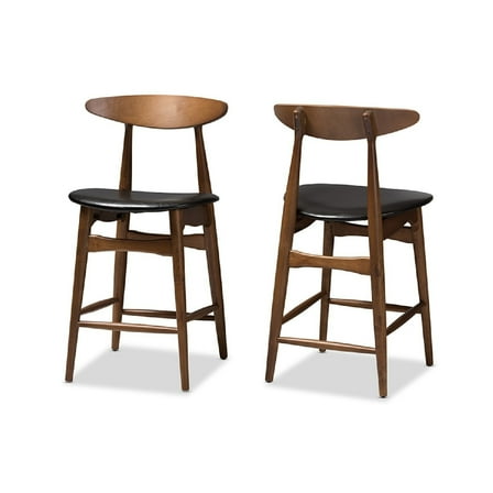Baxton Studio Flora Mid-Century Modern Black Faux Leather Upholstered Walnut Finished Counter Stool (Set of 2)