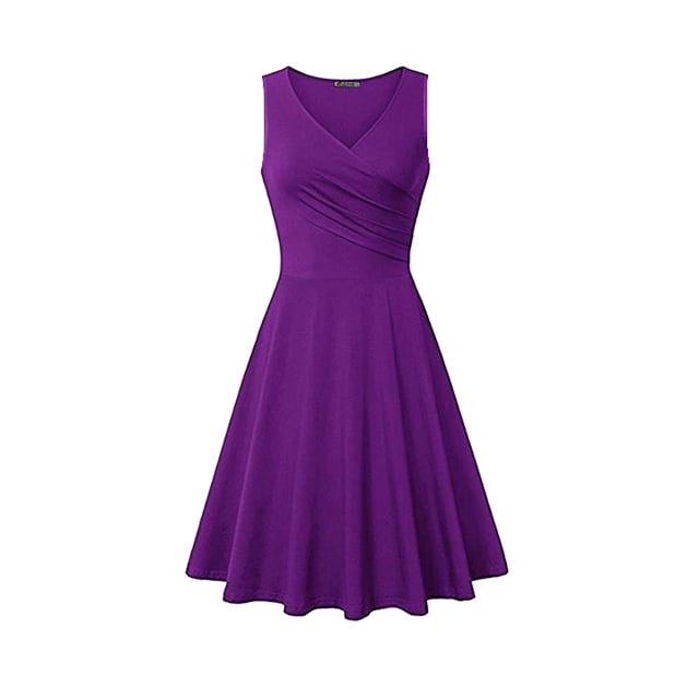 WTXUE Robes Chemises, Robes Chemises Sans Manches pour Fête de Thé Col en V, Robe Décontractée pour Femmes Robe T-Shirt Ajustée Robe Évasée Robe Unie Froncée Robe Mi-Longue Unie pour Femmes, Violet Taille g