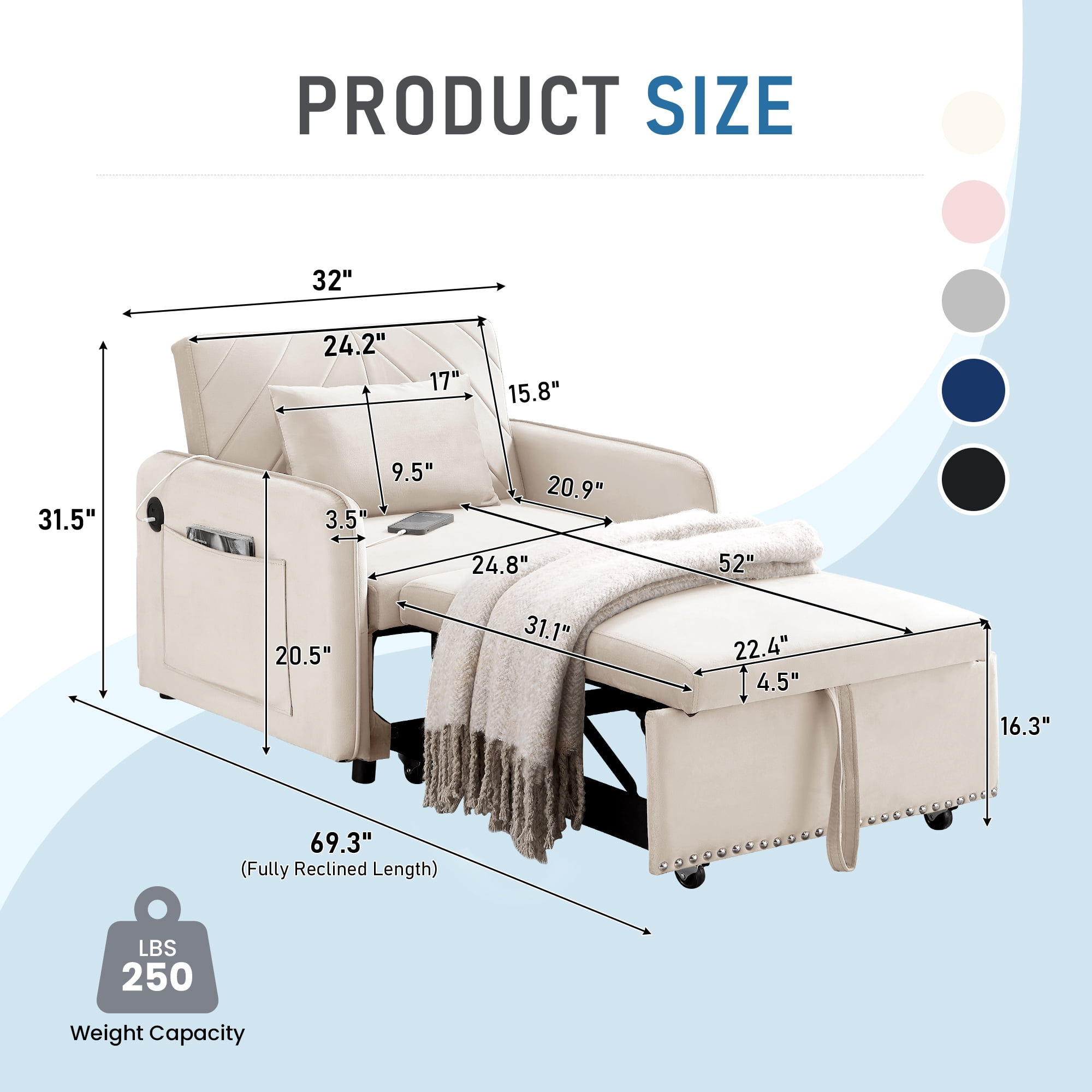 Lunale 3-in-1 Convertible Sleeper Chair Bed, Indoor Lounge Chair with USB/Type-C, Beige Velvet