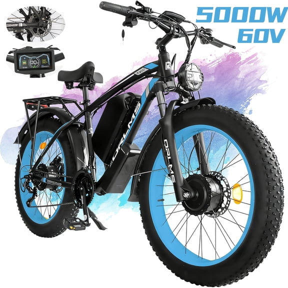 5000W (Peak) Electric-Bike for Adults, 60V 25AH Battery Electric Motorcycle, Dual-Motor-Ebike 50MPH Ebike, 26*4.0 Fat Tire Electric-Bicycle, AWD 21-Speed Mountain Bike for All-Road UL 2849