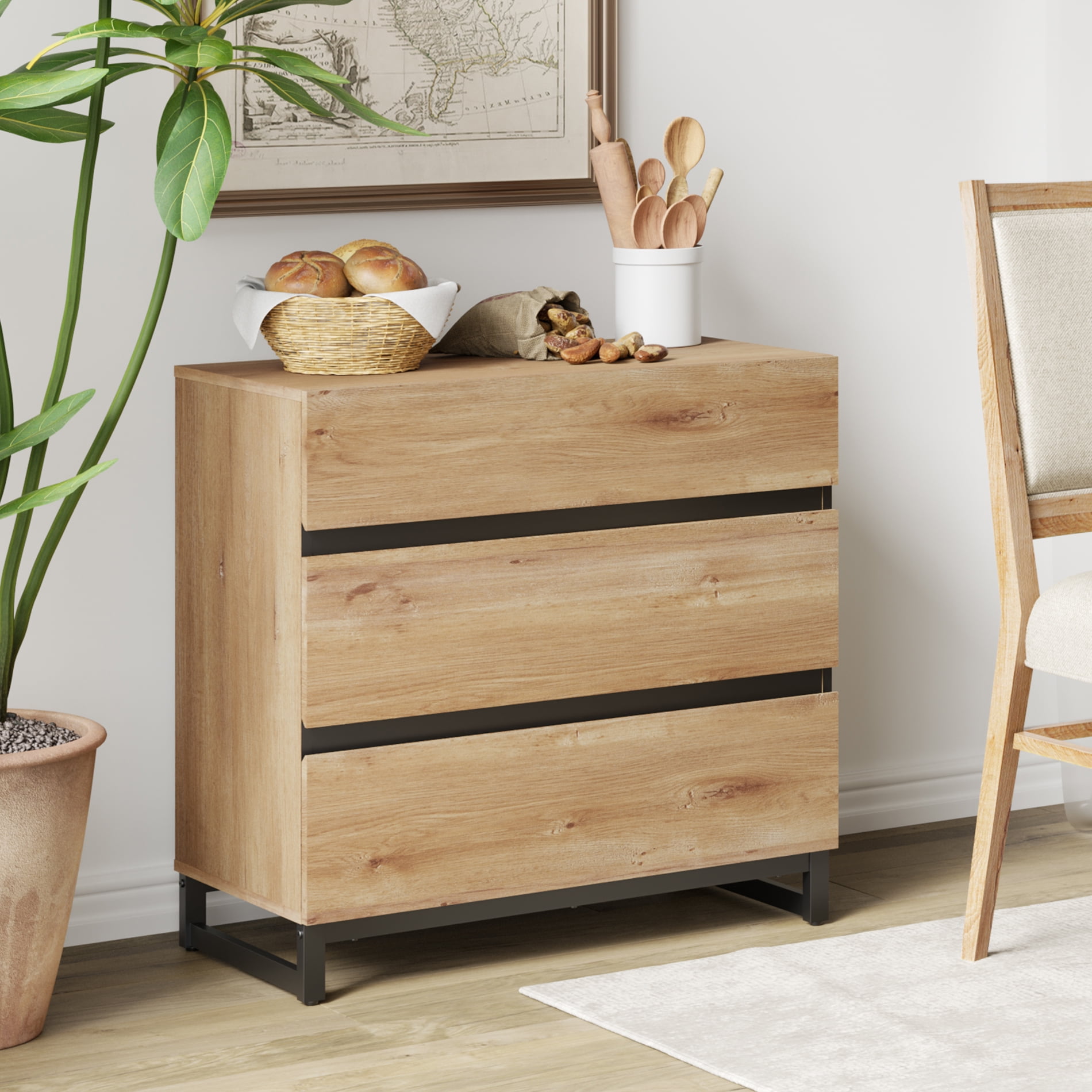 WAMPAT 3 in 1 Modern Sideboard with Adjustable Shelves and 3 Drawers, Coffee Bar Cabinet for Living Room, Kitchen, Oak