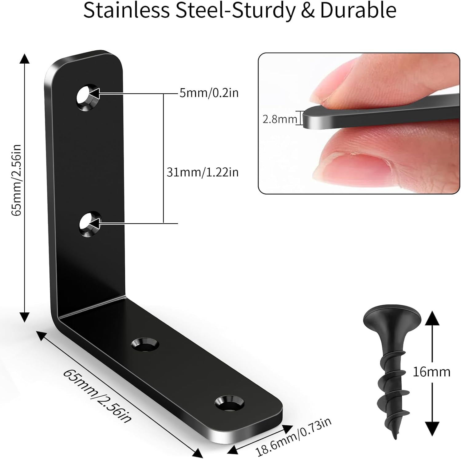L Bracket Corner Brace, 6Pcs 65x65mm Joint Right Angle Brackets Heavy Duty Stainless Steel 90 Degree Bracket Fastener for Wood Shelves Chair Tables Dressers Furniture with Screws, Black