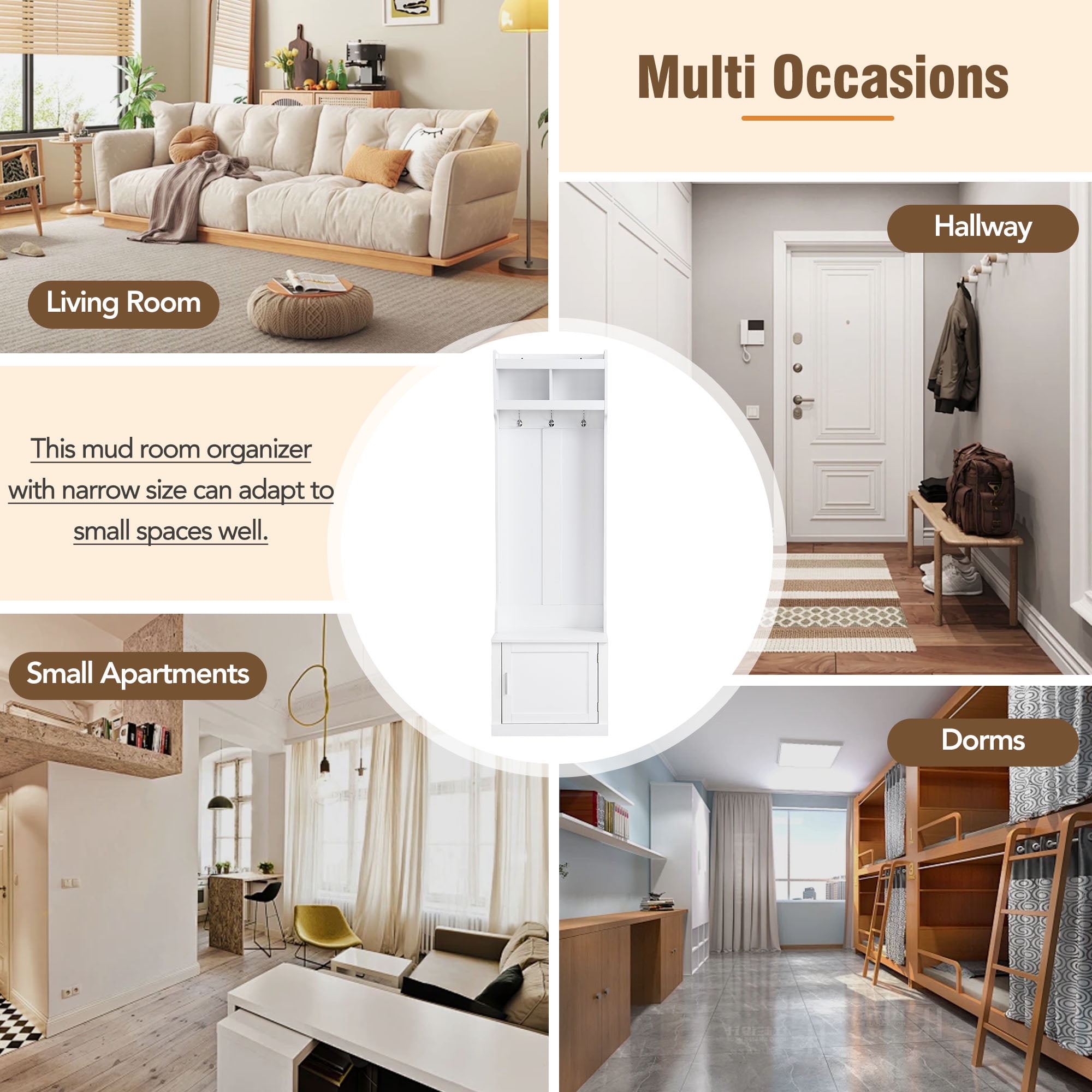 Aukfa Hall Tree with Storage Bench & Coat Rack for Small Spaces, White