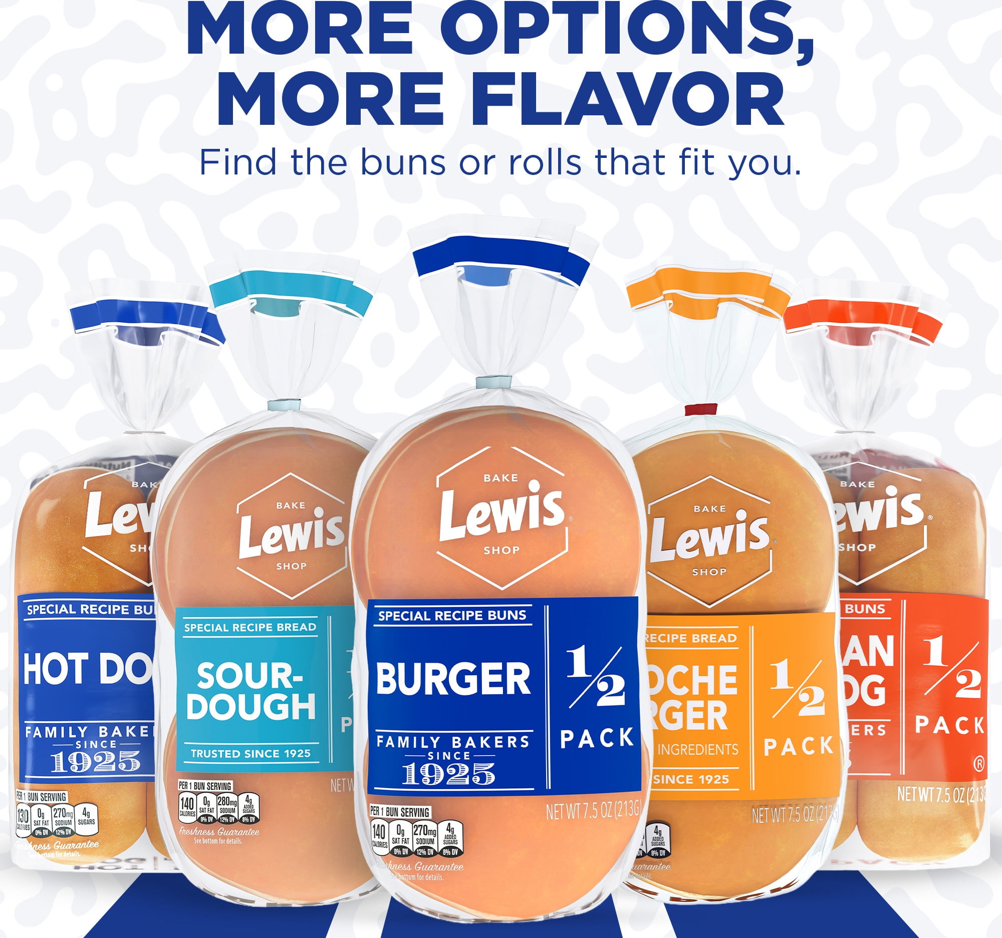 Lewis Bake Shop White Half Pack Burger Buns, 7.5 oz, 4 Count
