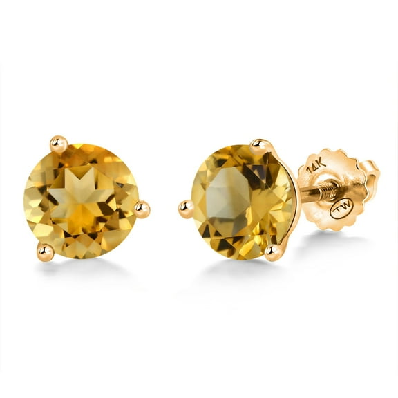 Gem Stone King 14K Yellow Gold Yellow Citrine 3 Prong Martini Screw Back Stud Earrings for Women Men (1.40 Cttw, Gemstone November Birthstone, Round 6MM)