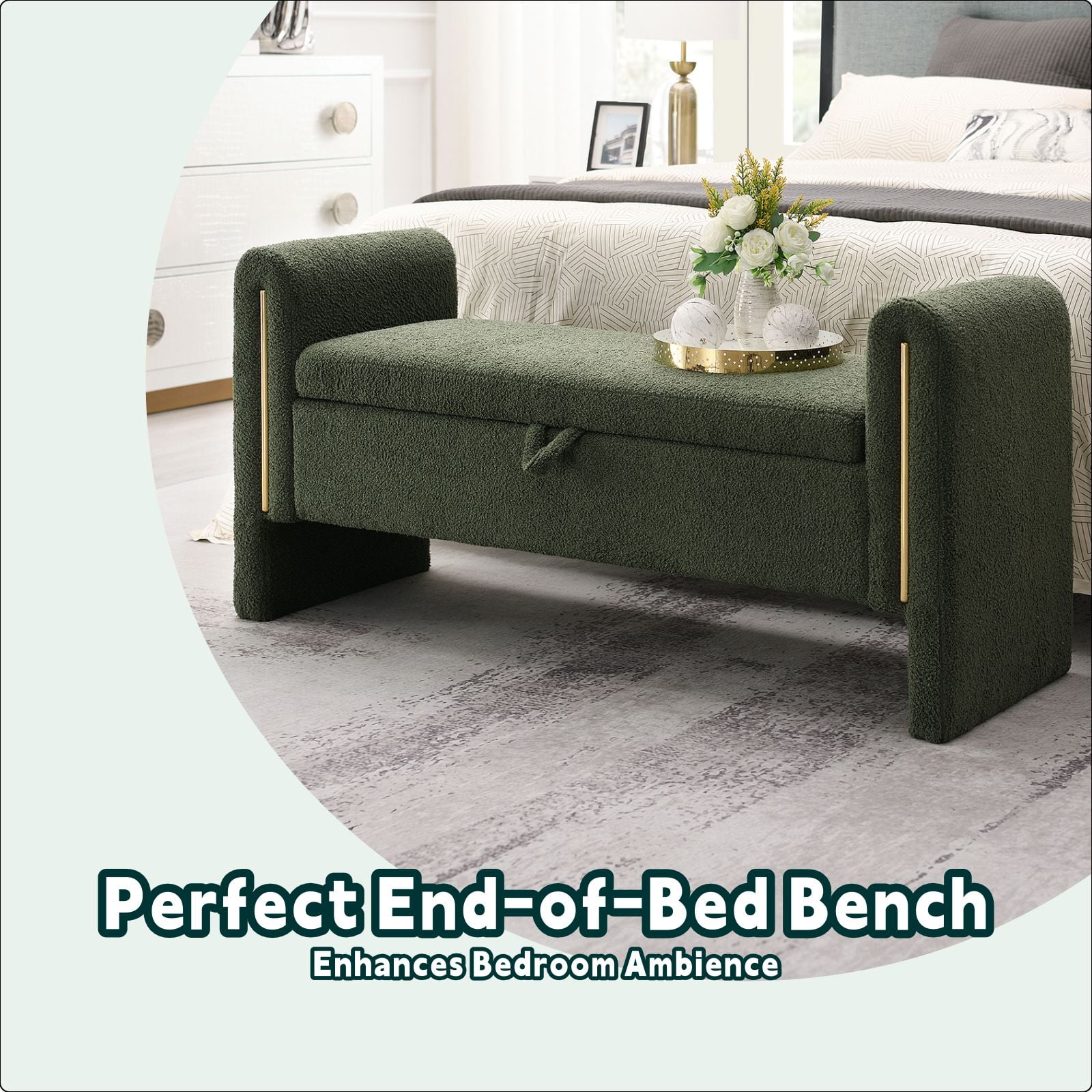 QianYueLUX 52" Storage Ottoman Bench with Armrests, Green Teddy Fabric, 250lbs Capacity, Multi-Functional Footrest for Bedroom & Entryway
