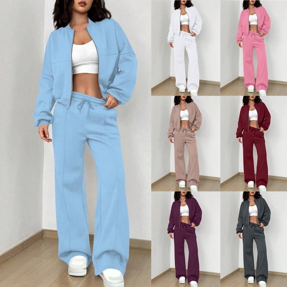 Lovzfmll Workout Sets for Women, 2 Piece Zip-Up Jacket and Straight-Leg Pants Set with Pocket, Casual Matching Sets Clothing Women