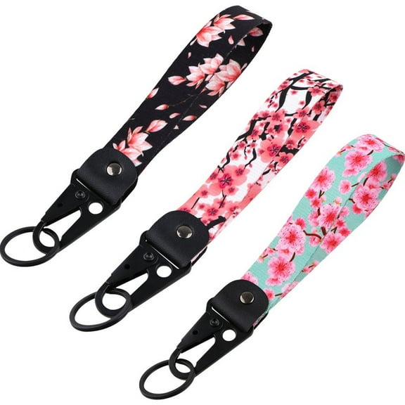 Jiibva 3Pcs Car Keychain Cherry Blossom Lanyard Wristlet Strap Key Chain With Metal Key Holder Tags ID Badge Holders Key Ring Accessories for Keys,Wallet,Cell Phone