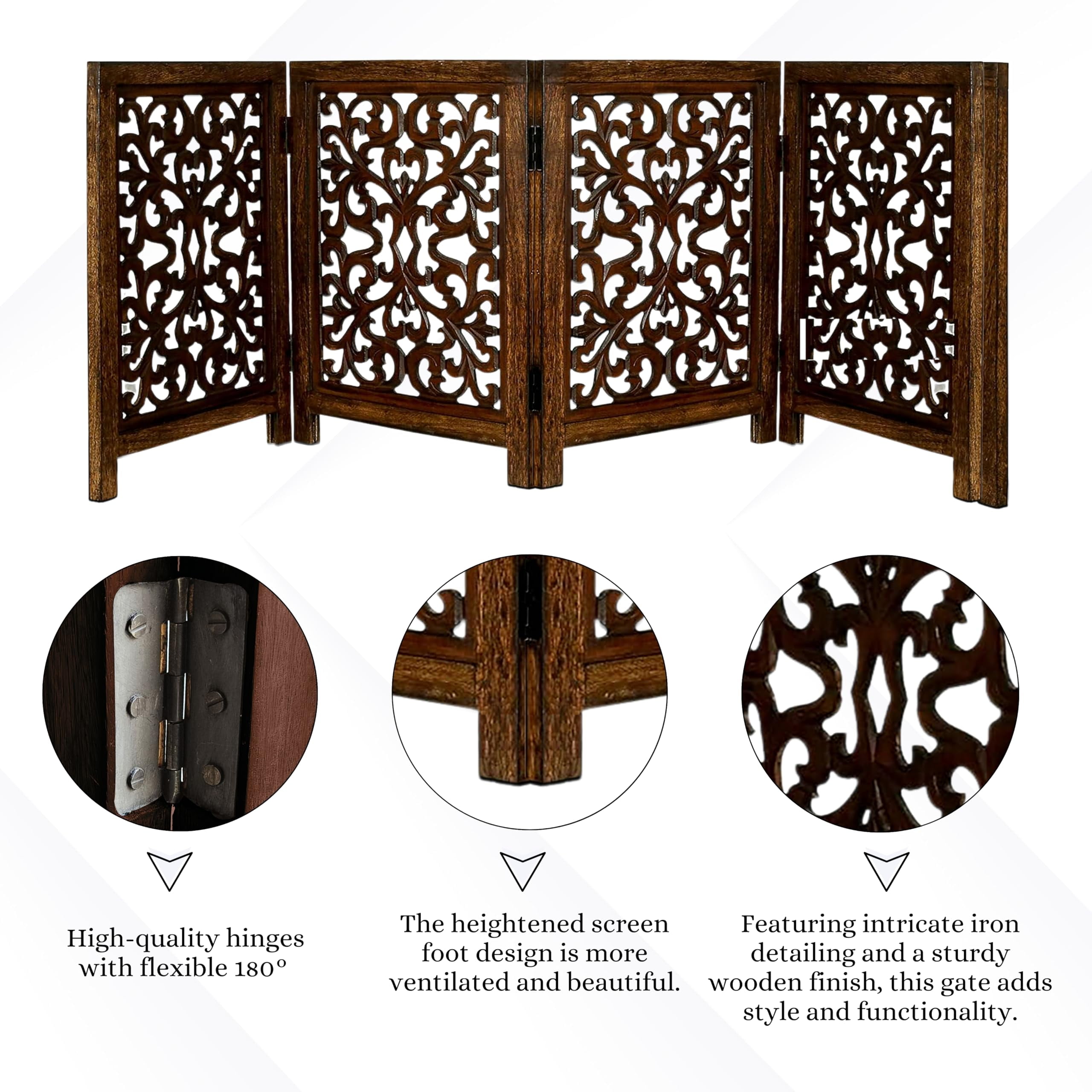 Free Standing Dog Gate – 4 Panel Foldable Wooden pet gate Indoor 72" W x 24" H, Hand-Carved Solid Wood & MDF, Portable Indoor Gate for Doorways, Halls, Stairs – Fully Assembled - Antique Brown