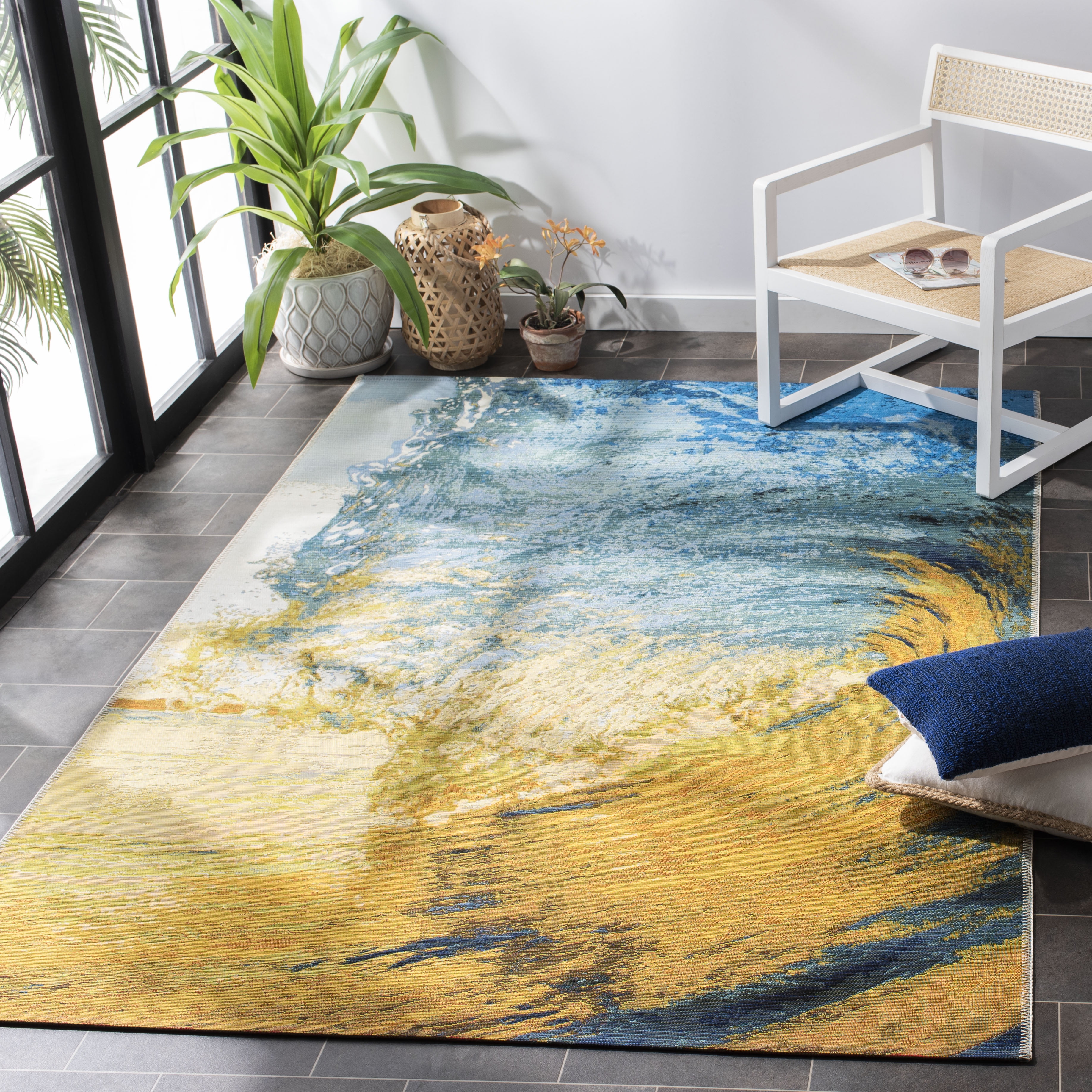 SAFAVIEH Barbados Sunset Waves Outdoor Area Rug, Blue/Gold, 3'3" x 5'3"