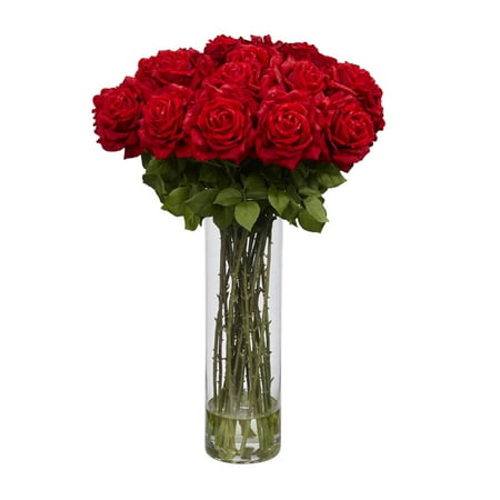 Nearly Natural Giant Rose Silk Flower Arrangement Nearly Natural Giant Rose Silk Flower Arrangement - Red Enjoy the timeless beauty of the eternal symbol of romance: The rose. Our Giant Rose arrangement is brimming with a large number of rich deep colored roses that sit majestically on a bed of vivid green leaves  and stands 31 inches high. The glass vase comes with liquid illusion faux water  and encases the thorny green stems oh-so-perfectly. This is by far our most elegant selection of all our rose arrangements. Height: 31    Width: 22    Depth: 22  . Category: Silk Arrangement. Color: Red. Pot Size: W: 6 in  H: 20.5 in Brand: Nearly Natural Model Number: 1368-1214Shipping Details