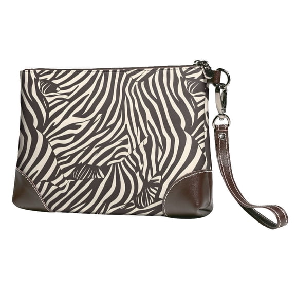 Leather Clutch 8 X 5. 5 In Wrist Strap And Hand Bag Easy To Carry Lightweight Waterproof And Durable Zebra Skin Print Style Saddlebrown_4