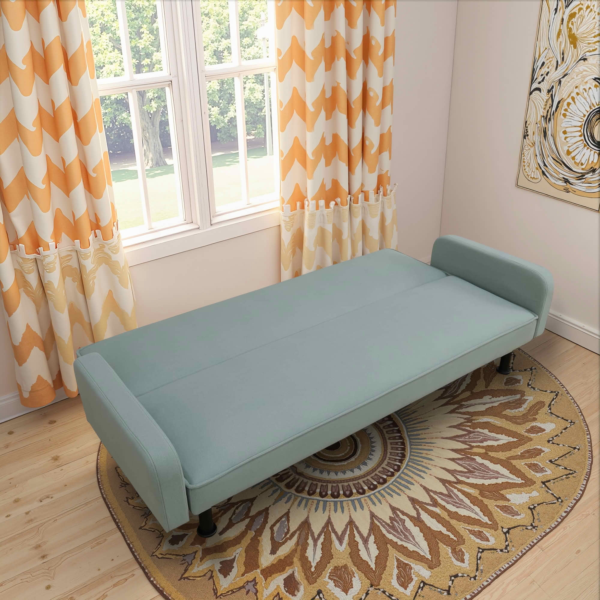 MAYEERTY 77.5 Inch Lake-Green Calico Sofa Bed, Convertible Living Room Fabric Couch Bed
