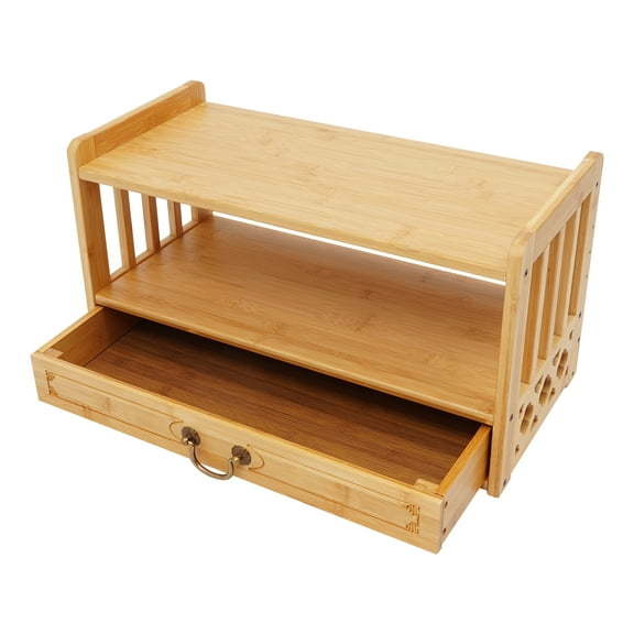 Bamboo Meditation Pooja Low Floor Table with Drawer for Spiritual Practices,Buddha Statues, Rituals, Books, and Home Decor, 2-Tier Storage Organizer