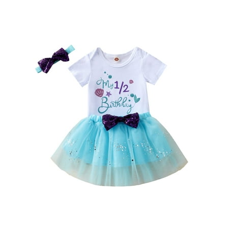 

Frobukio 3Pcs Infant Baby Girls Birthday Outfits Shell Letter Print Short Sleeve Bodysuit+Sequin Tulle Skirt+Headband White Blue 3-6 Months
