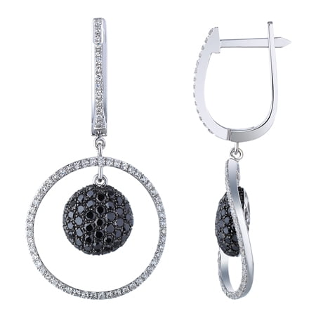 14K White Gold 1.4ct Mirror Ball Pave White and Black Diamond Dangle Earrings