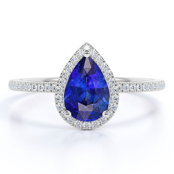JeenMata Anillo de Compromiso de 1 Quilate con Piedra Natal de Septiembre en Corte de Pera - Anillo de Bodas - Anillo de Halo - Anillo Pavé - Anillo de Promesa - Baño de Oro Blanco de 18 K sobre Plata