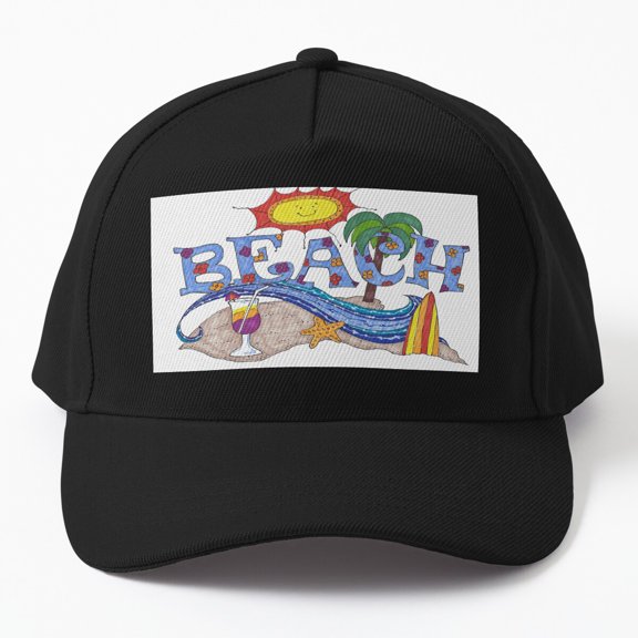At The Beach Baseball Cap, Coastal Graphic Hat Style