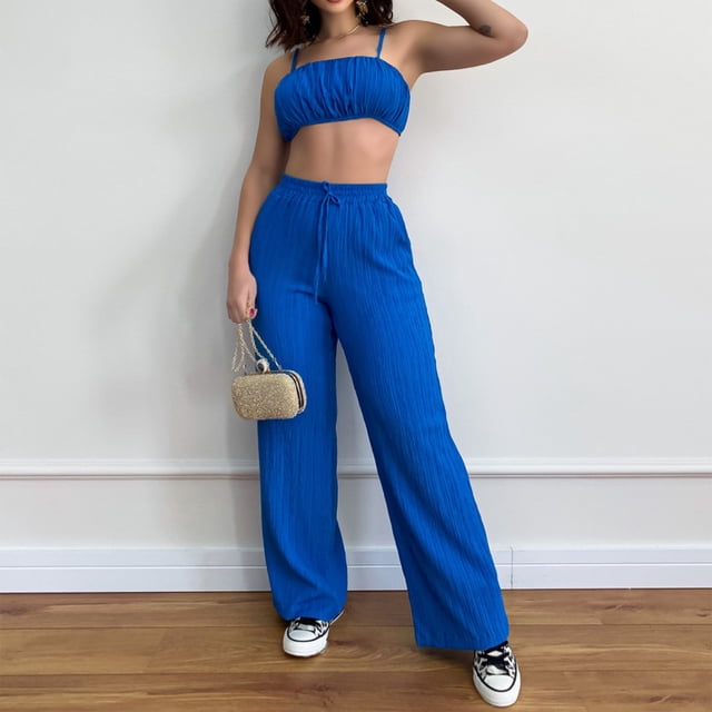 Conjunto De Pantalón Y Top Con Tirantes Pantalones con tirantes para mujer, tops cortos y pantalones largos sexis con pliegues (azul L) Cgtredaw para Mujer Azul T M