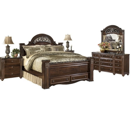 ashley furniture gabriela 5 pc bedroom set: e king poster storage bed  dresser mirror 2 nightstands dark reddish brown - walmart