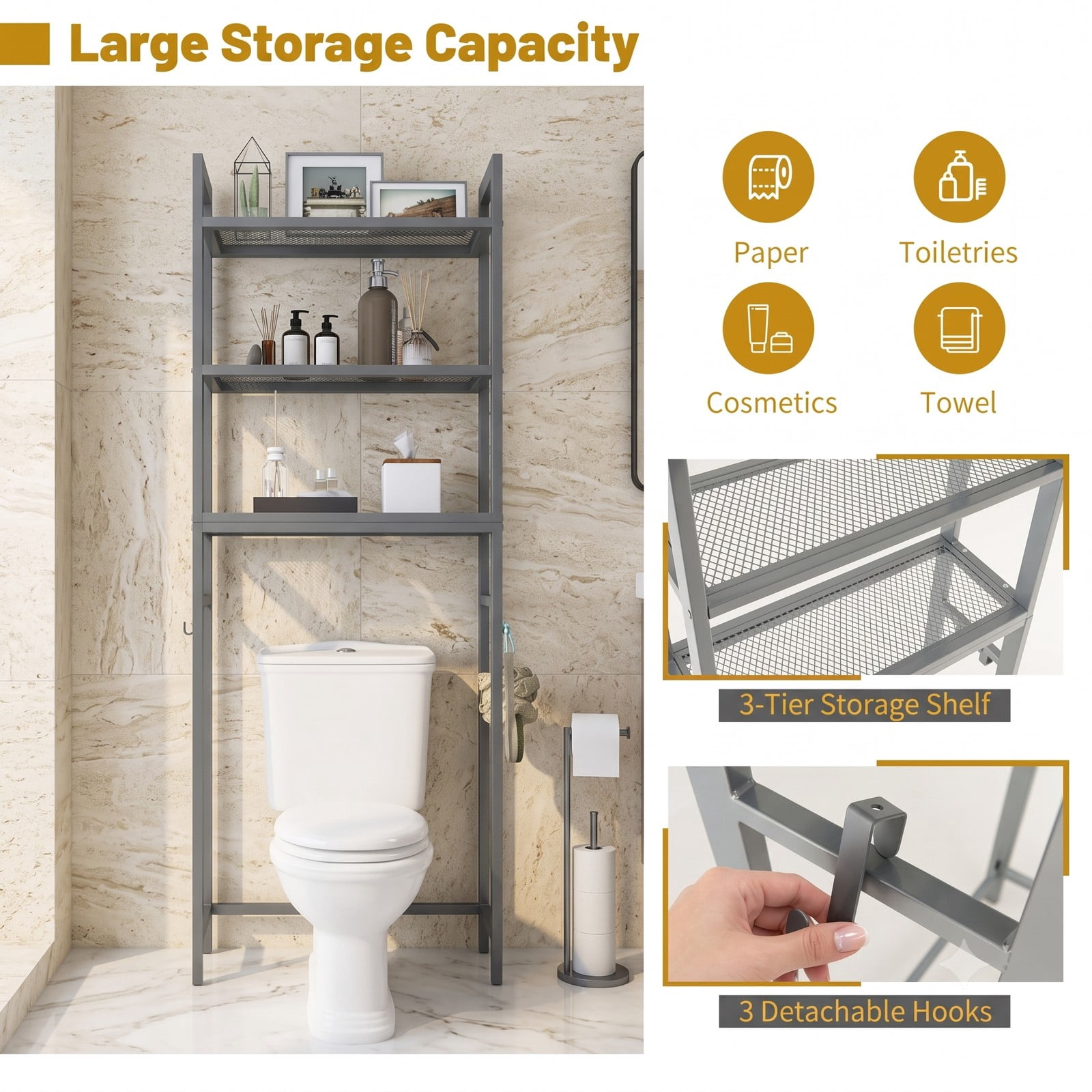 ALPULON Over-The-Toilet Storage Shelf, 3-Tier Space Saving Metal Bathroom Organizer Rack with 3 Hooks and Anti-Tipping Device, Freestanding Above Toilet Stand, Gray