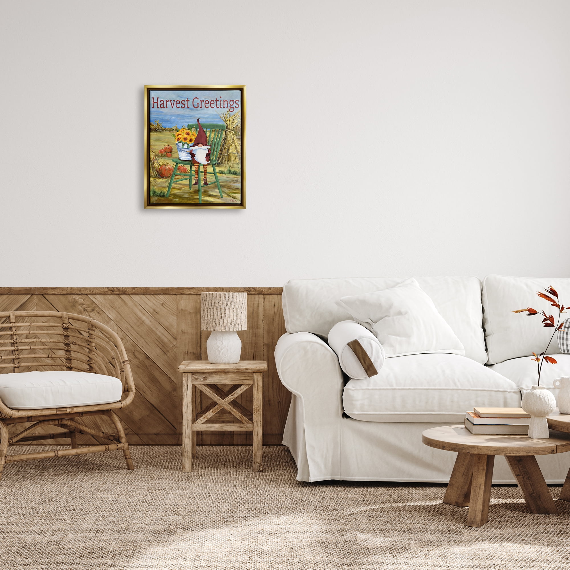 Stupell Industries Harvest Greetings Gnome Landscape Painting Gold Floater Framed Canvas Art Print Wall Art, 17 x 21