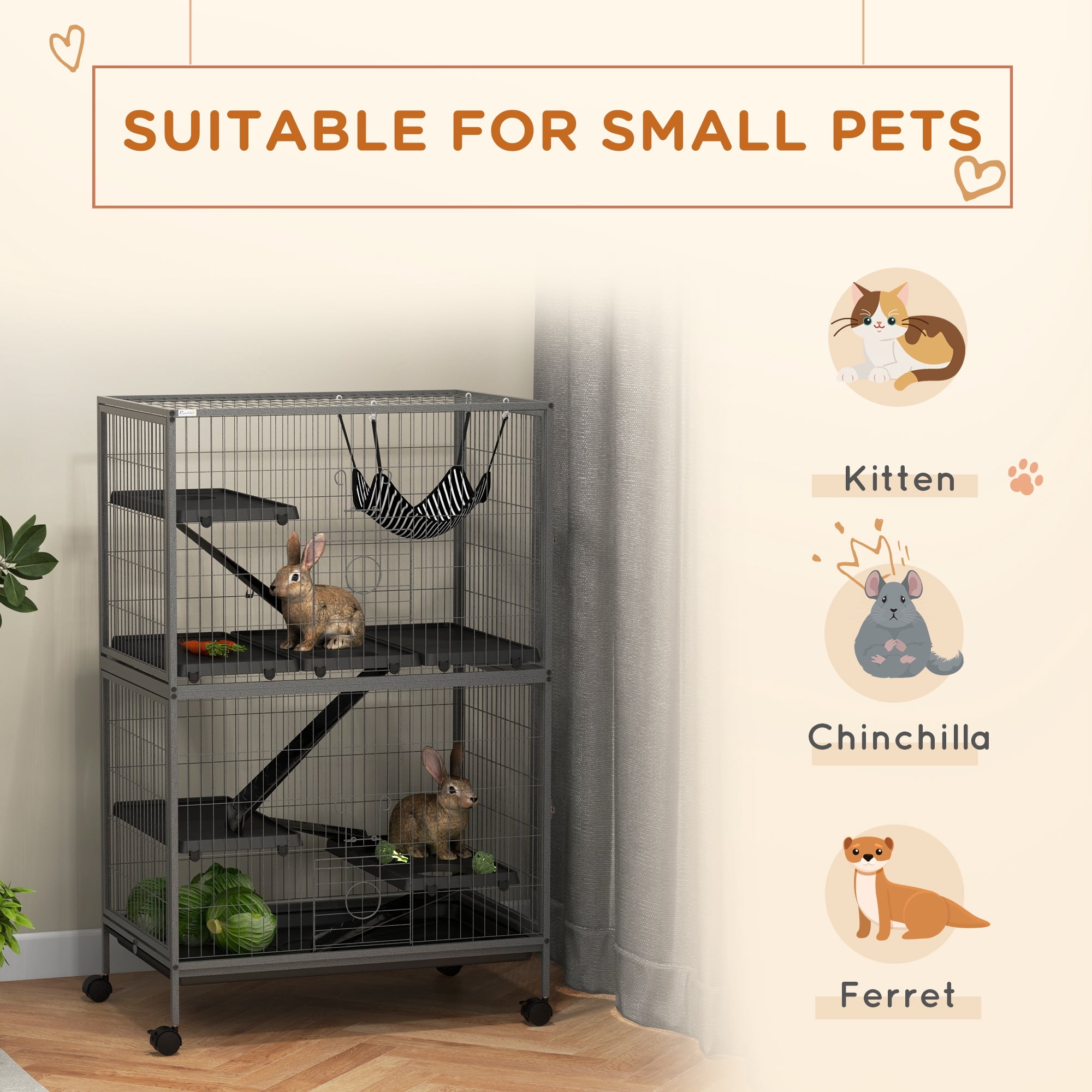 Dog Bed PawHut 50" 5-Tier Small Animal Cage, Ferret Cage, Large Chinchilla Cage with Hammock Accessory & Heavy-Duty Steel Wire, Small Animal Habitat with 4 Doors, Removable Tray, Gray,Large Dog Bed