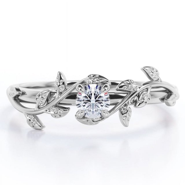 JeenMata Anillo de Compromiso con Diseño de Hoja de Árbol de Moissanita Redonda con Bisel Solitario de 0,5 Quilates en Baño de Oro Blanco de 18 K sobre Plata