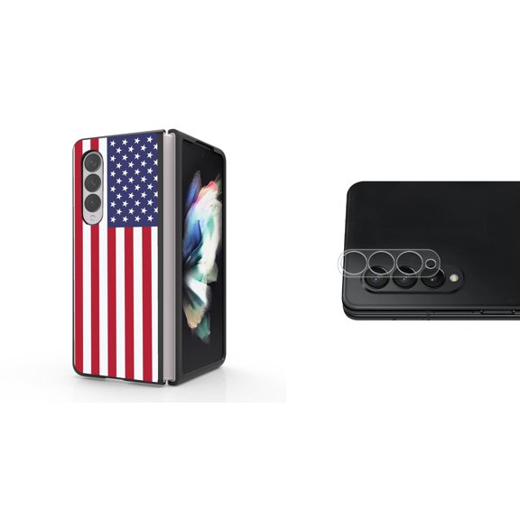 Accessory Bundle for Galaxy Z Fold 4: Slim Snap-On Case (American Flag), Rear Camera Glass Protector