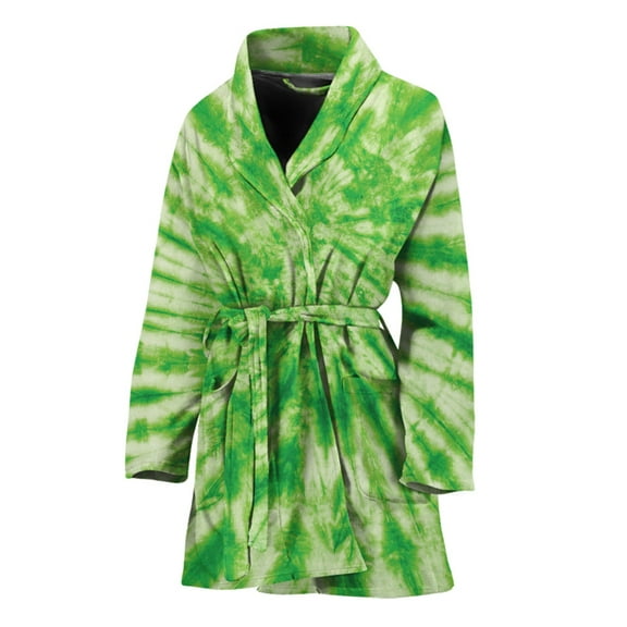 Green Tie Dye Women Bathrobe One Size Univeral Fits, Tie Dye Pattern Fashion Lightweight Plush Fleece Long Robe For Women