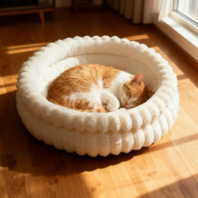 Lit Rond en Peluche d'Hiver pour Chat, Nid Douillet et Moelleux pour Petits Chats et Chiens, Lit pour Animal Doux et Chaud pour un Sommeil Confortable à l'Intérieur