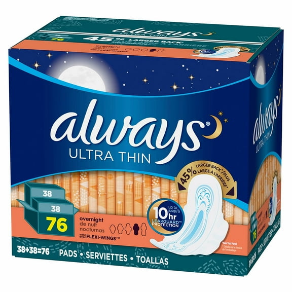 Always Ultra Thin Overnight Pads with Flexi-Wings, 76 Ct.