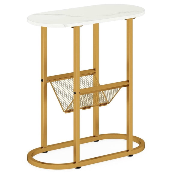 Resenkos Industrial 2-Tier Oval Side Table with Wire Mesh Shelf, White