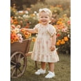 thumbnail image 4 of BemeyourBBs Kids Toddler Baby Girls Summer Smocked Dress Little Girl Cotton Linen Outfit Bow Print Short Sleeve Square Neck Ruffle Dress and Headband Set, 4 of 9