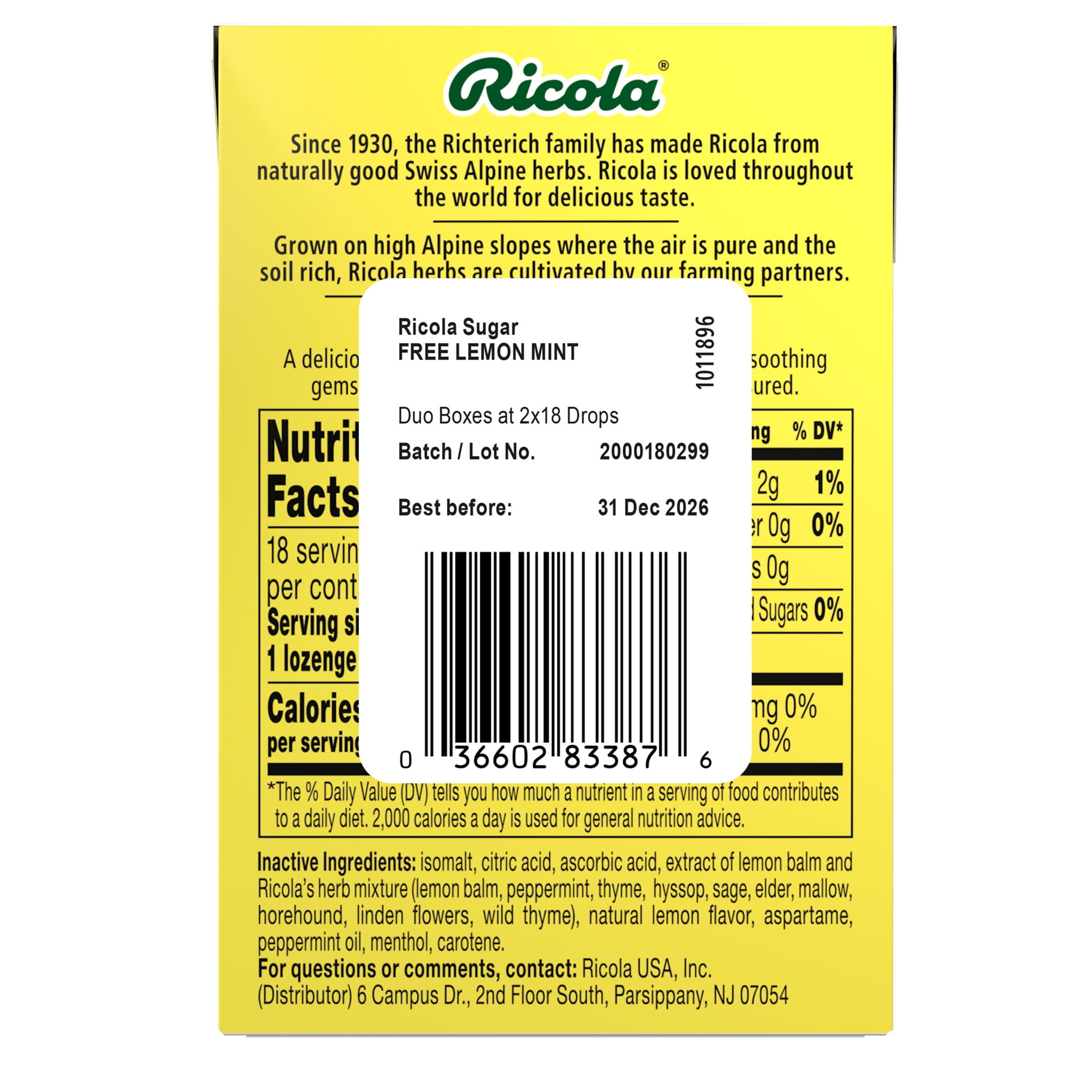 Ricola Sugar Free Lemon Mint 2-Pack 18ct Box
