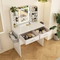 thumbnail image 3 of Yoneston Makeup Vanity Desk with 3 Adjustable Lighted Mirror, Dressing Table with 5 Drawers and 6 Open Shelves, Hair Dryer Stand & Storage Bag, White, 3 of 9