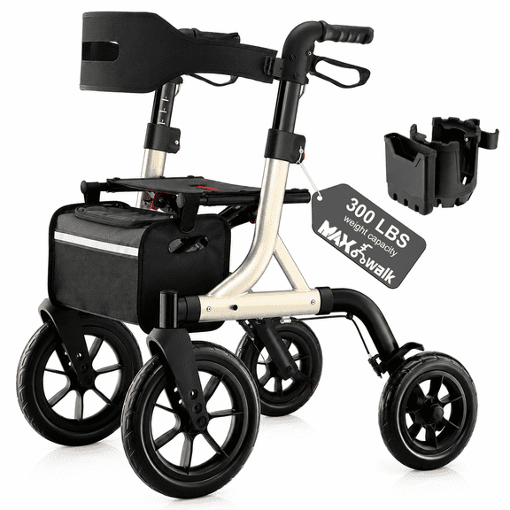 MAXWALK Rollator Walker for Seniors, 12" Rubber Wheels Foldable, Aluminium with Backrest, Height Adjustable 23.6lbs, Gold
