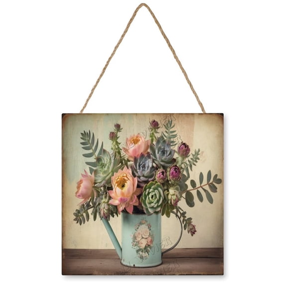 Succulent Wall Art Wooden Sign Flower Decor Vintage Pictures for Bedroom Bathroom Kitchen Wall Decorations Bar Interior Decor 12"x12" Wooden Hanging Signs