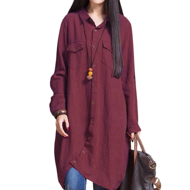 Nuevas mujeres blusa larga irregular dobladillo mangas largas bolsillos sueltos Casual Top cami Abanopi Blusa