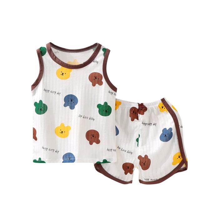 Ensemble de Gilet Sans Manches à Col Rond pour Enfants, Tenue Décontractée Deux Pièces en Polyester avec Imprimé d'Ourson Mignon + Shorts, Tissu Doux et Respirant, pour Garçons et Filles, Vêtements d'Intérieur, Photographie, Fête d'Anniversaire