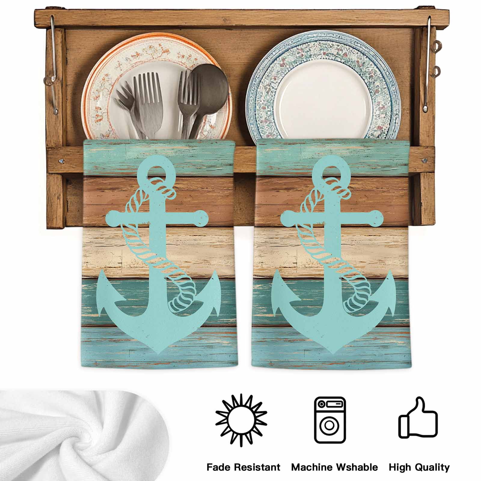 Turquoise Anchor Kitchen Towels Set of 2, Nautical Brown Green Retro Wood Grain Absorbent Dish Towels for Kitchen, Microfiber Hand Towel, Quick Drying Tea Towel for Cleaning Decorative Dishcloths