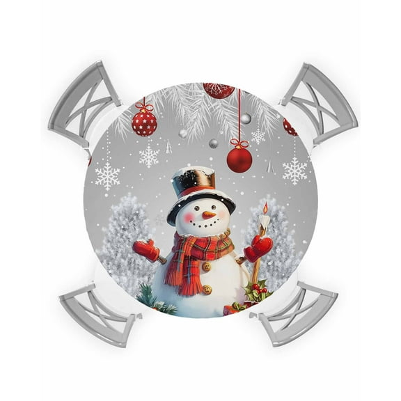 nqOlkjepod Grey Snowman Christmas Round Tablecloth, Fitted Table Cover with Elastic for 45"-54" Round Tables, Xmas Tree Red Balls Snowflake Table Cloth Outdoor Dinning Party Waterproof Tablecloths
