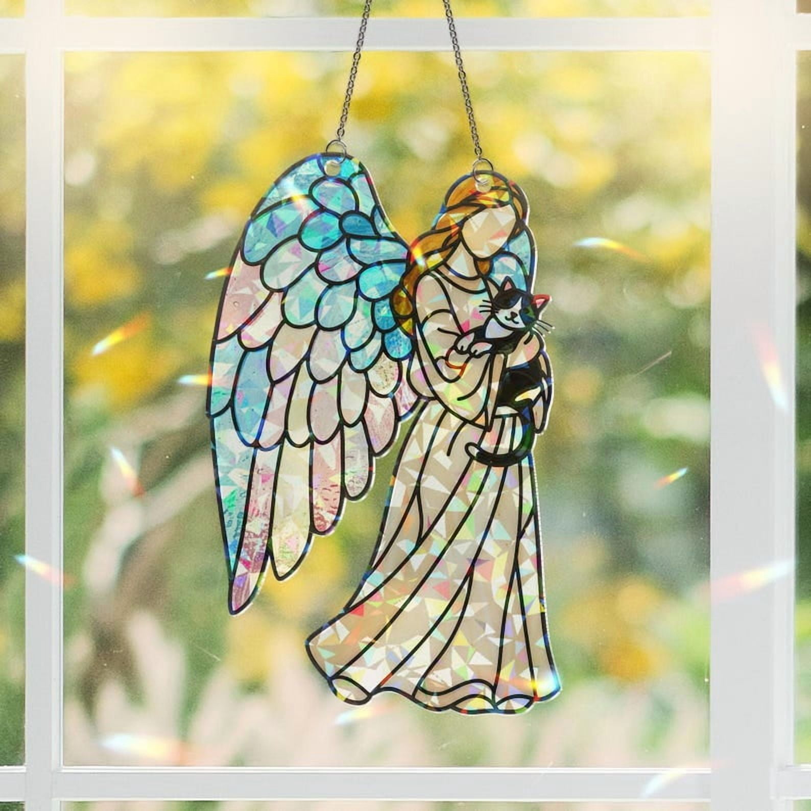 ViciArt Guardian Angel with Tuxedo Cat Acrylic Suncatcher, 4” Holographic Window Hanging, Pet Memorial Decor