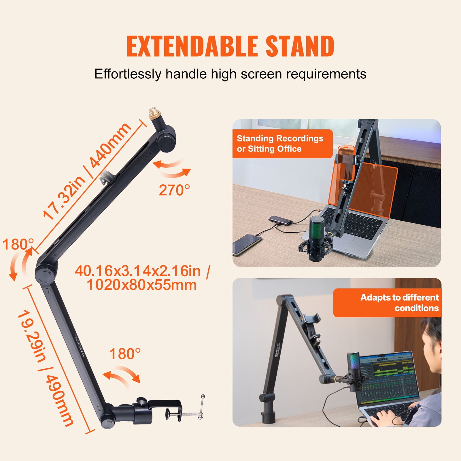 KFFKFF 360° Microphone Boom Arm with Desk Clamp, Compatible Mic Stand for 3/8" to 5/8" Adapter, Suitable for Recording Equipment like Blue Yeti, Hyperx Quadcast, Snowball, SM7B, and Audio Technica