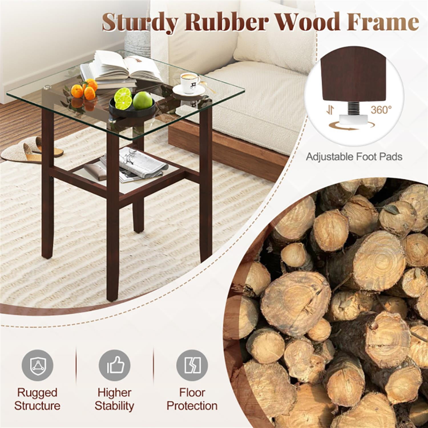 Demi Bonn 2-Tier Square Glass Coffee Table, Dining Center Tables with Storage Shelf for Living Room, Bedroom, Office and Balcony, Brown