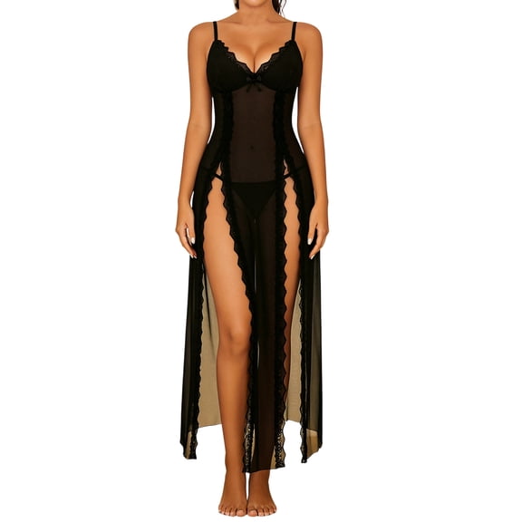 Yangnuo Women's Sexy Deep V Sheer Mesh High-Slit Ruffle Hem Lingerie Gown Women's Suspender V-neck Pajamas